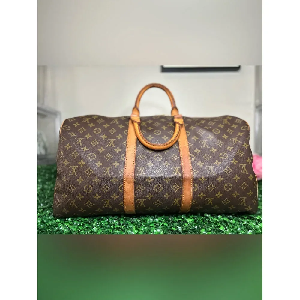 Louis Vuitton Keepall 50 Monogram Travel Bag w/ Luggage Tag, Handle Band & Strap
